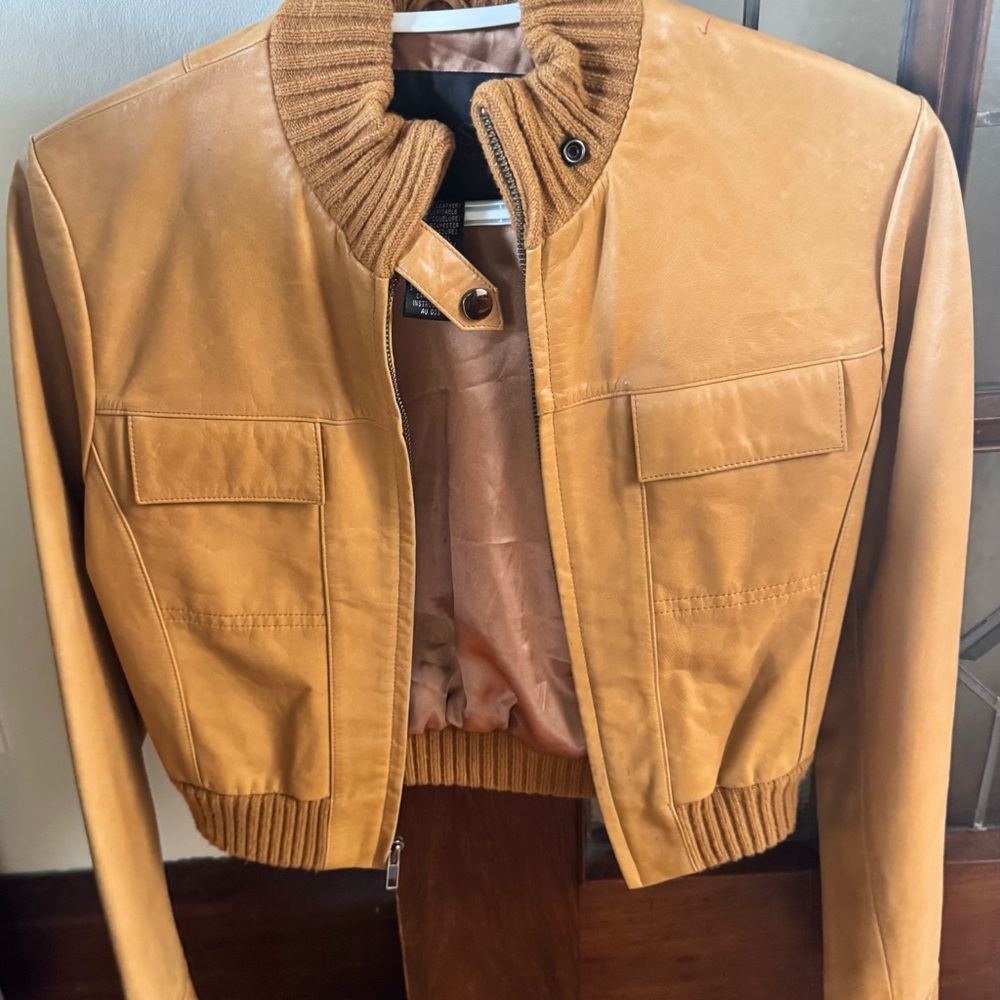 Tan Leather Bomber Jacket